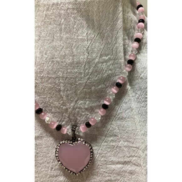 Pink Quartzlike Heart Pendant Necklace with Glass Beads & Magnetic Clasp - Picture 4 of 12